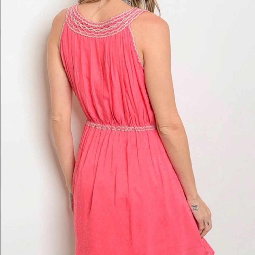 Women’s midi dress coral color crochet details - Picture 2 of 8